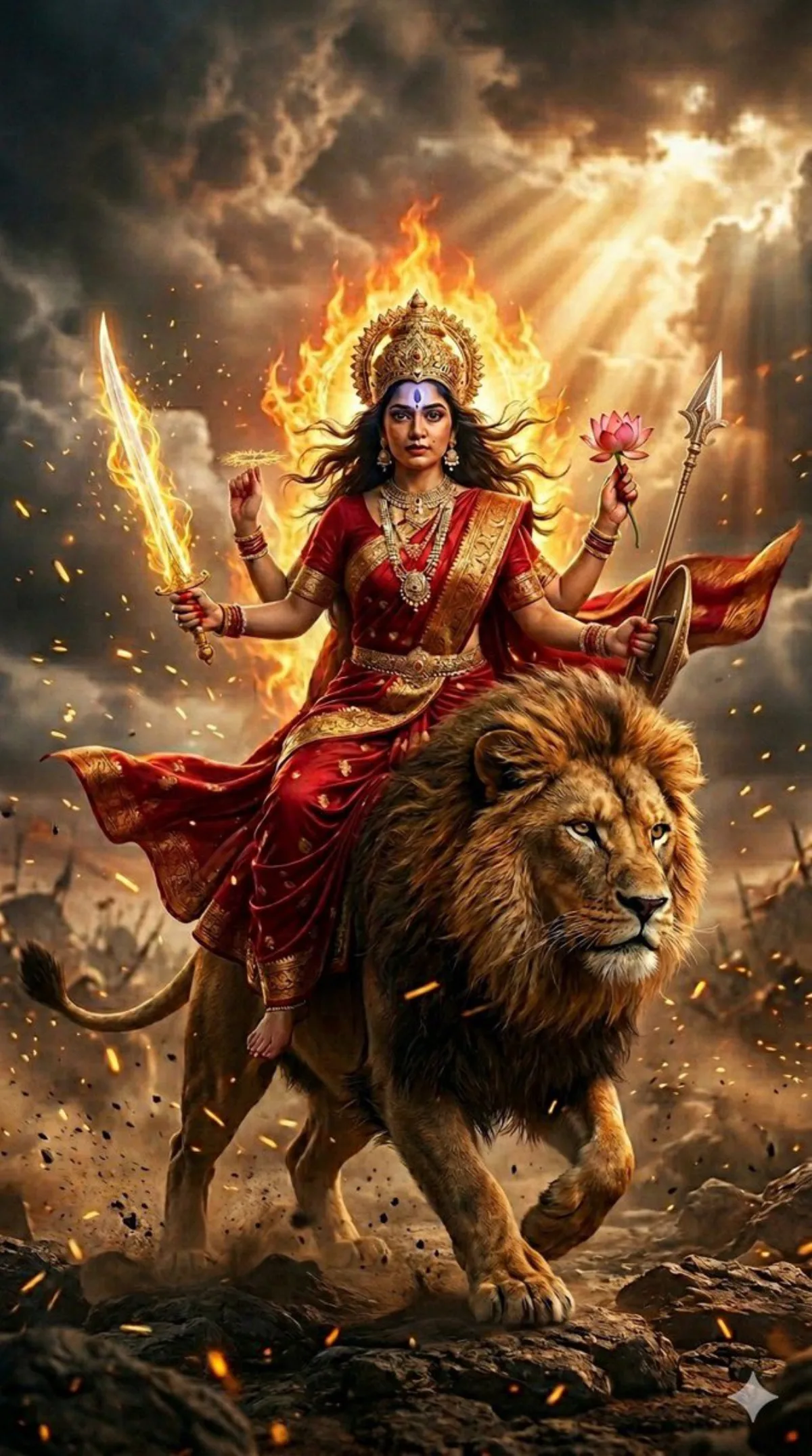A Hero Katyayani: Fierce Warrior Goddess on Lion, Cinematic Realism
