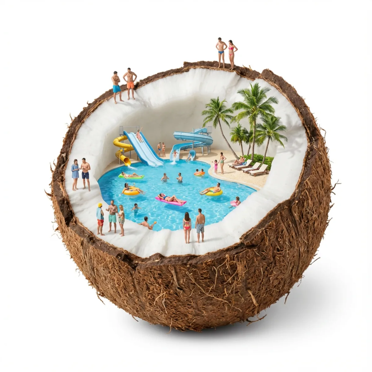 A coconut with the top cut open, revealing an open-air swimming pool inside, man