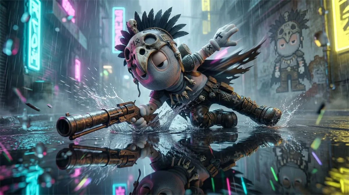 A Refined Cyberpunk Speed-Motion Character Slide with Pixel Art Mural