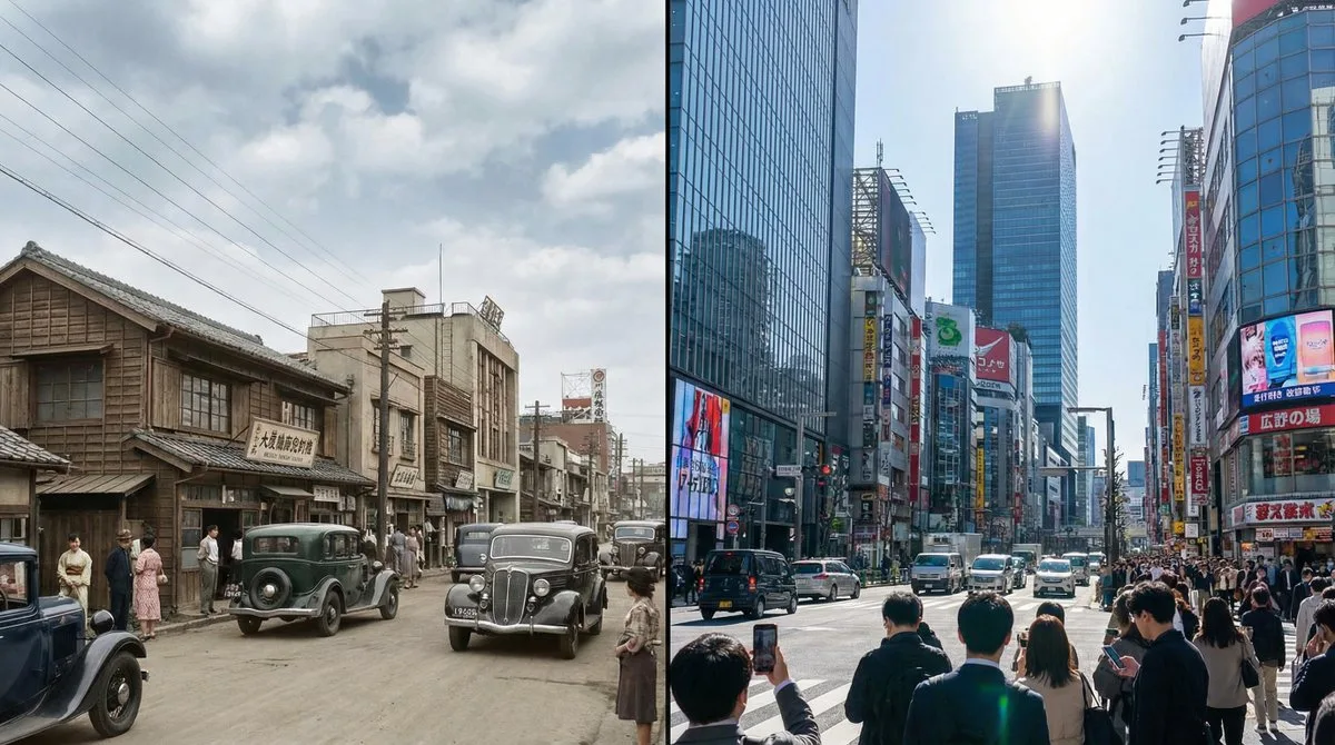 A Studio-Grade Two-era split-screen landscape from coordinates