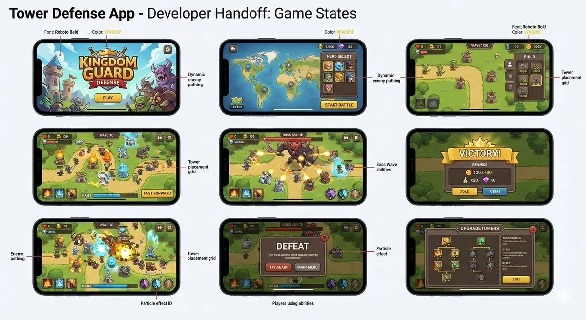Tower defense mobile app design mockups on iPhone grid
