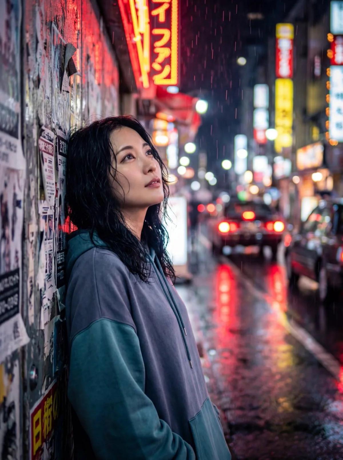 A Modern Dreamy Girl in Neon Rainy Night