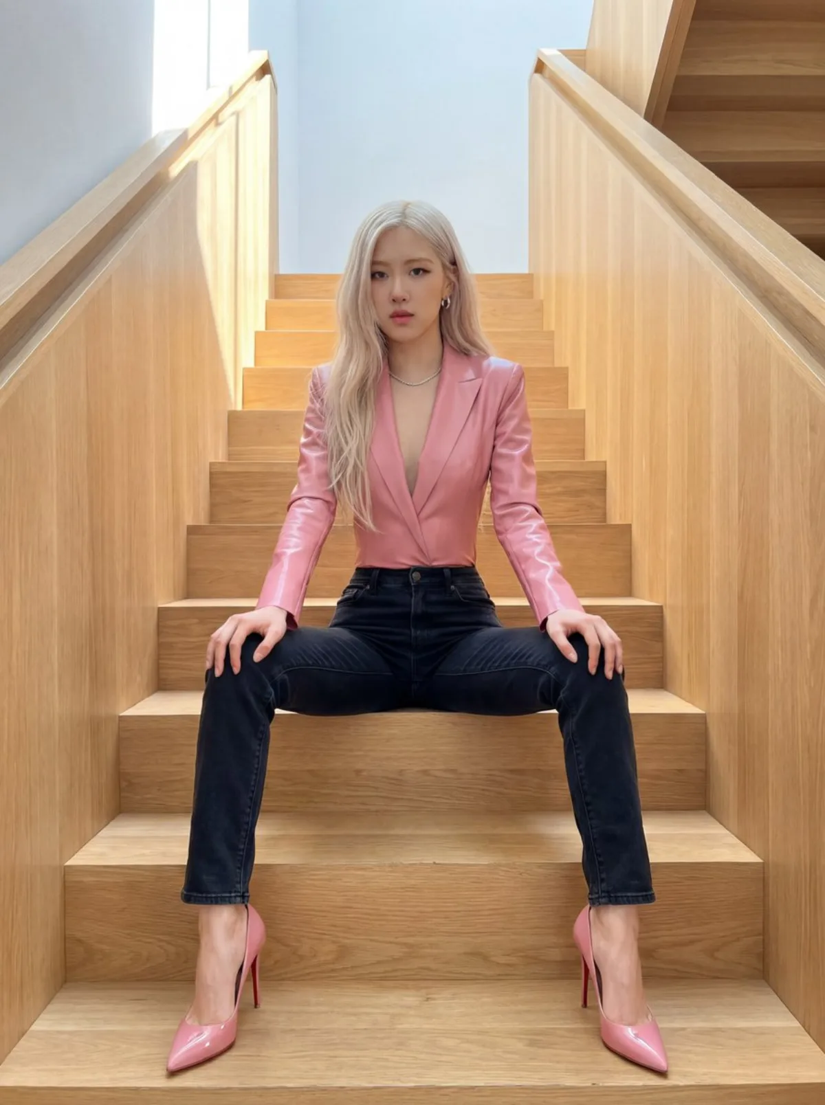 K-pop偶像Rosé在现代木质楼梯上（匠心风格）