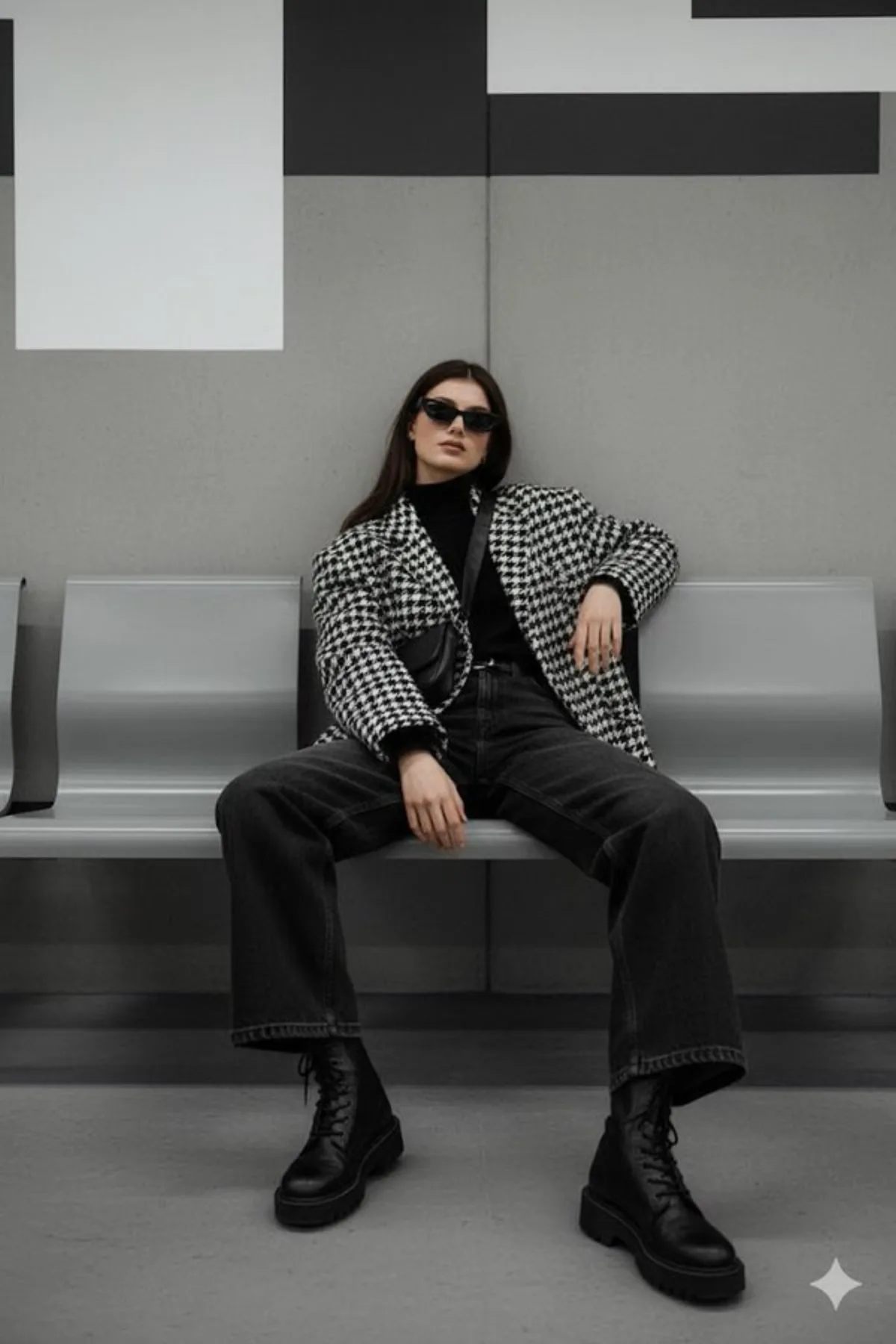 Sitting on Modern Subway Bench