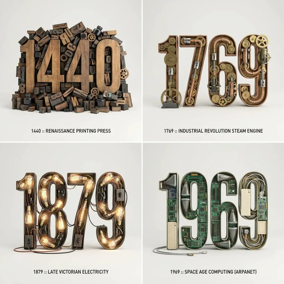 Modern 3D Typographic Sculpture of Historical Inventions