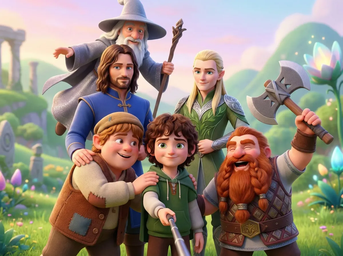 Pixar-style Lord of the Rings Group Selfie: A Crafted Take