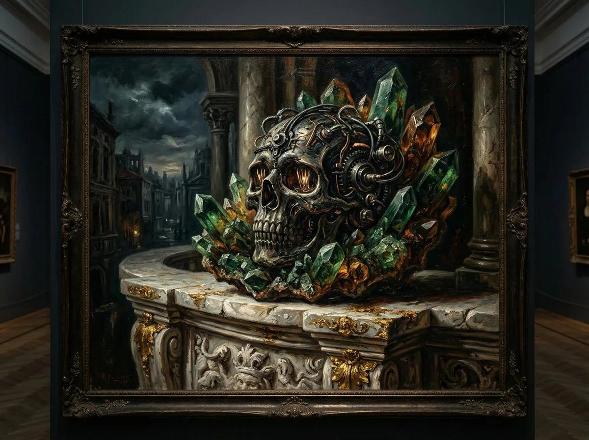 Biomechanical Skull Oil Painting on Marble Balcony - Crafted Style