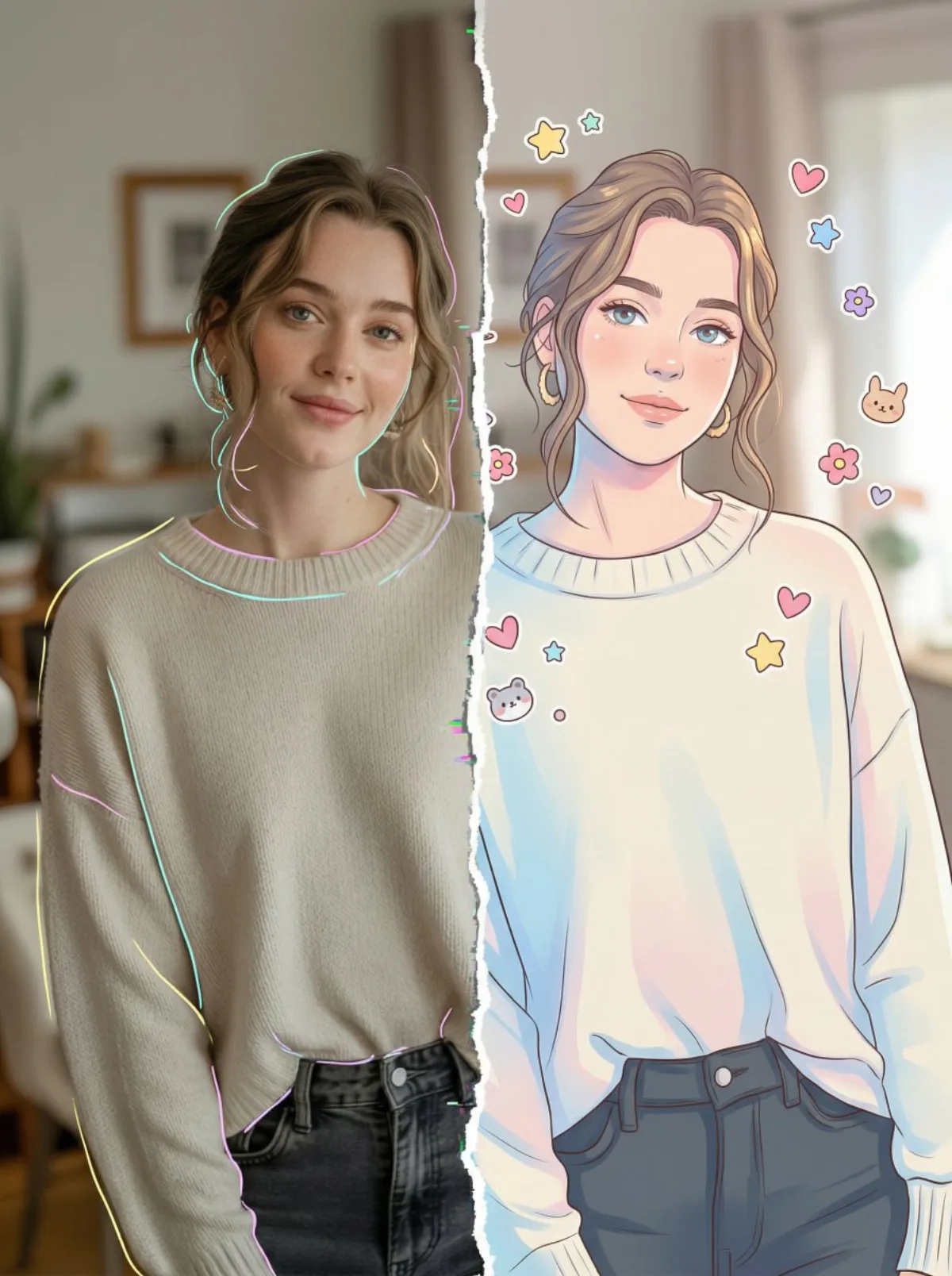 Split-Style Portrait: Realistic Photo vs. Digital Illustrati