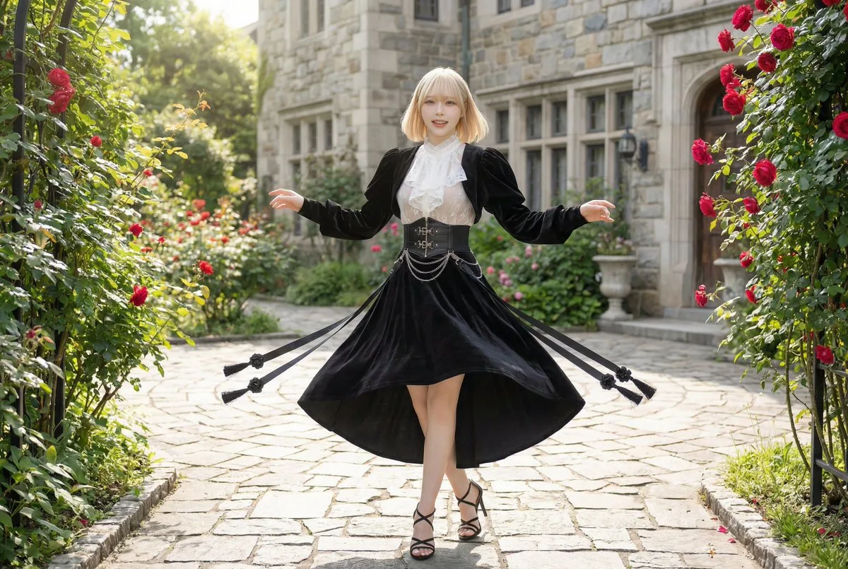 Model in Velvet Skirt in Mansion Garden: A Stylized Take