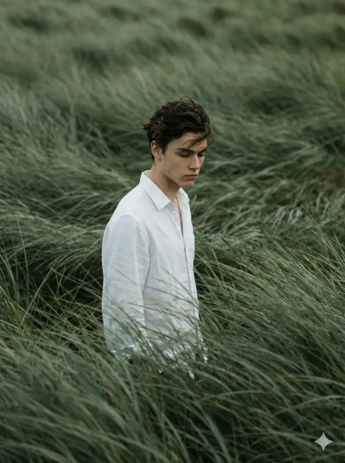 Cinematic Editorial Portrait in Sage Green Fields