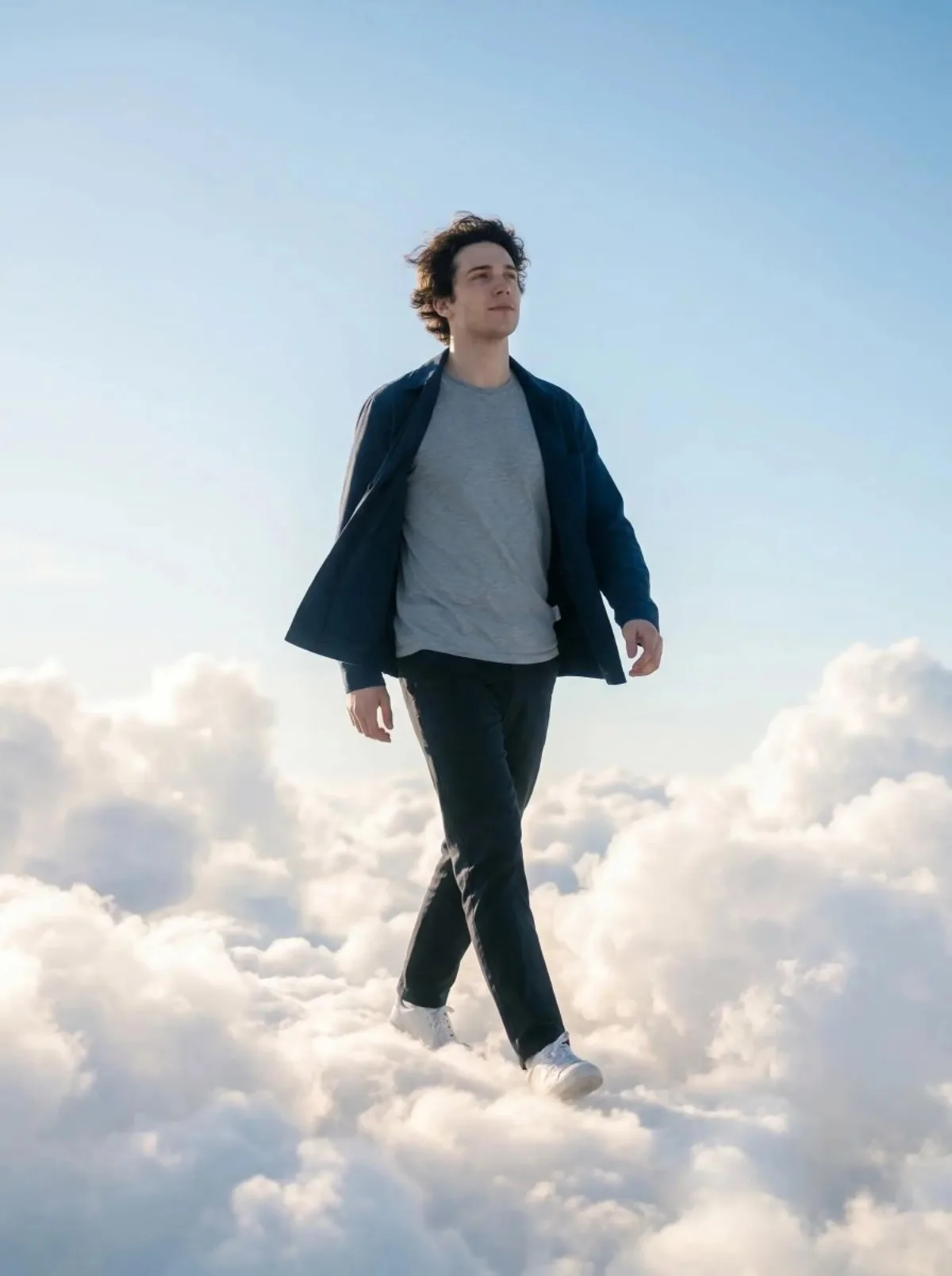 A Stylized Person Walking Through Glowing Clouds, Cinematic Photo