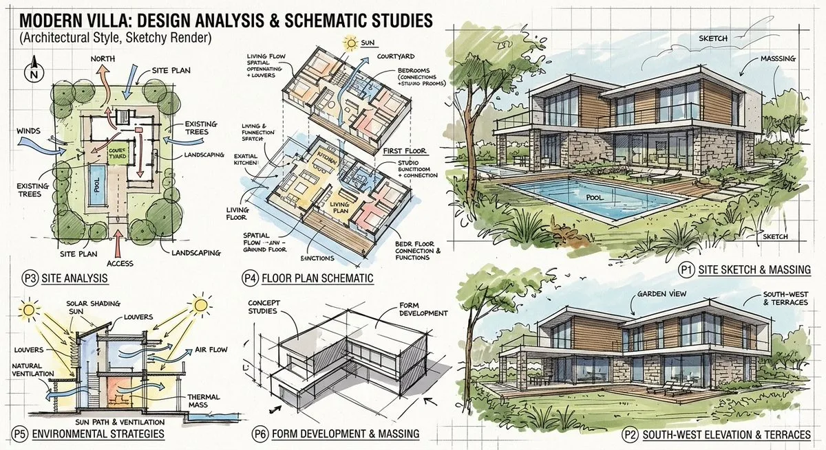 Premium Modern Villa Sketchy Analysis Renders