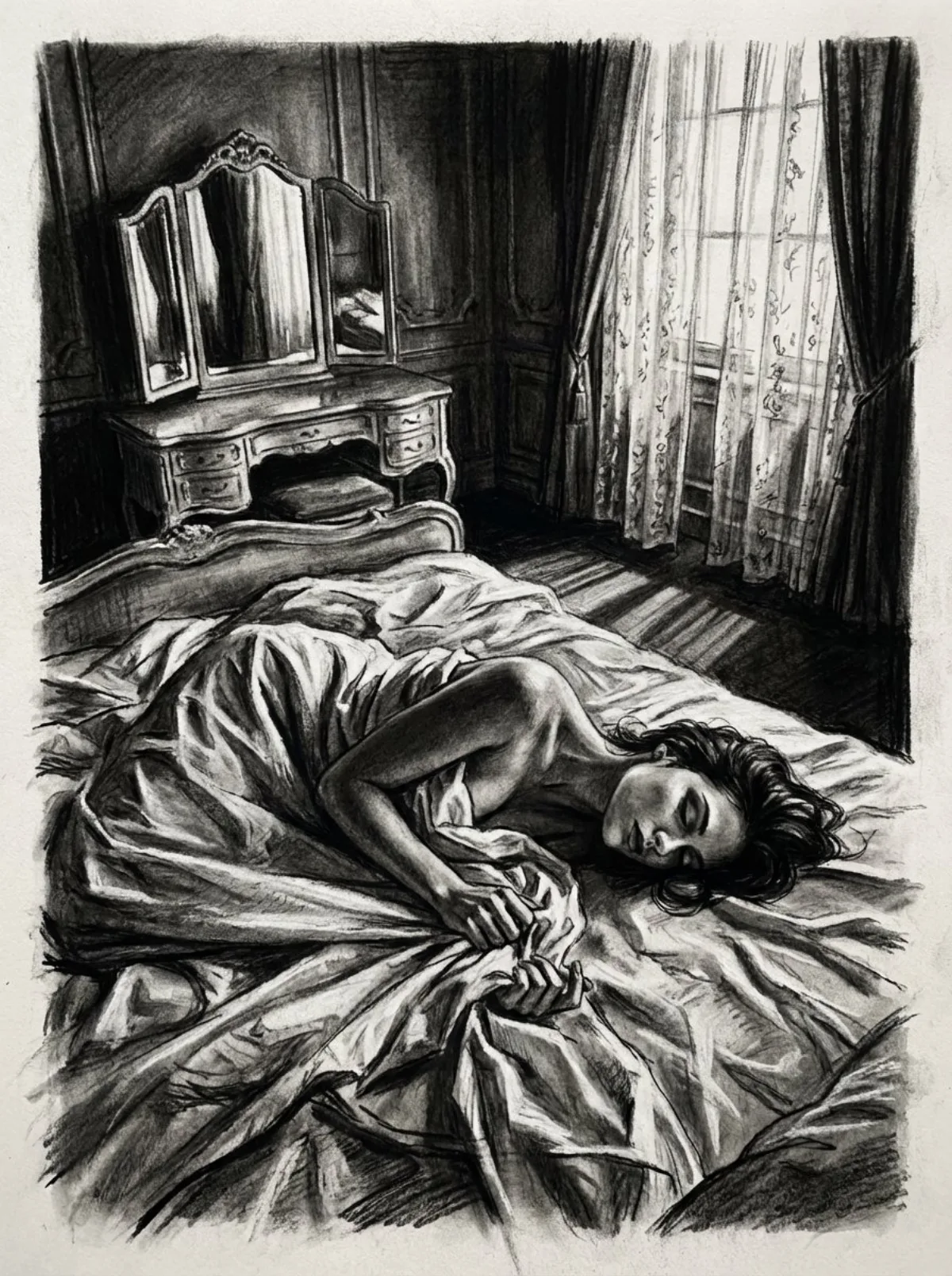 Boudoir portrait charcoal sketch prompt fragment: A Signature Take