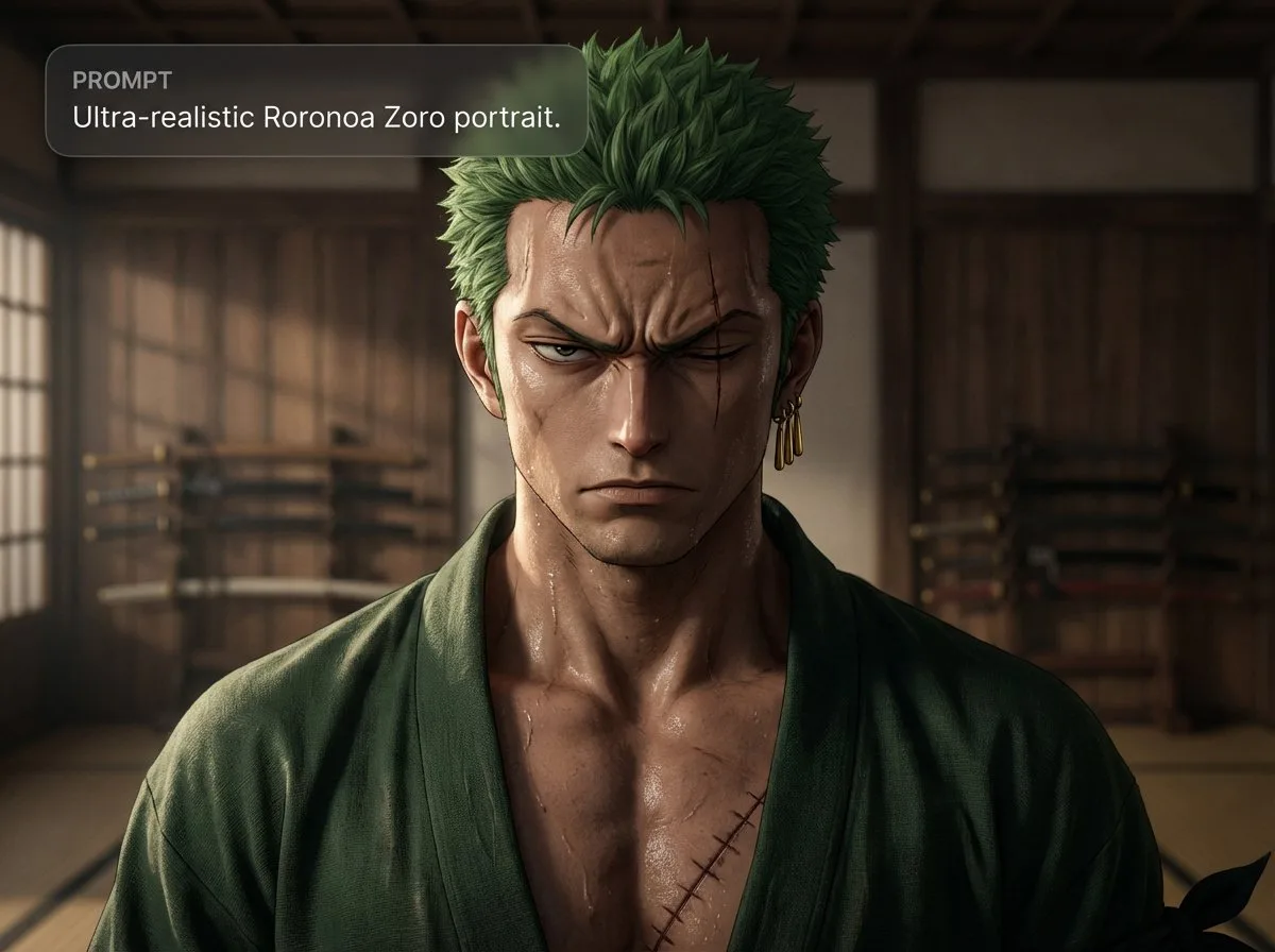 Premium Ultra-realistic Roronoa Zoro portrait prompt