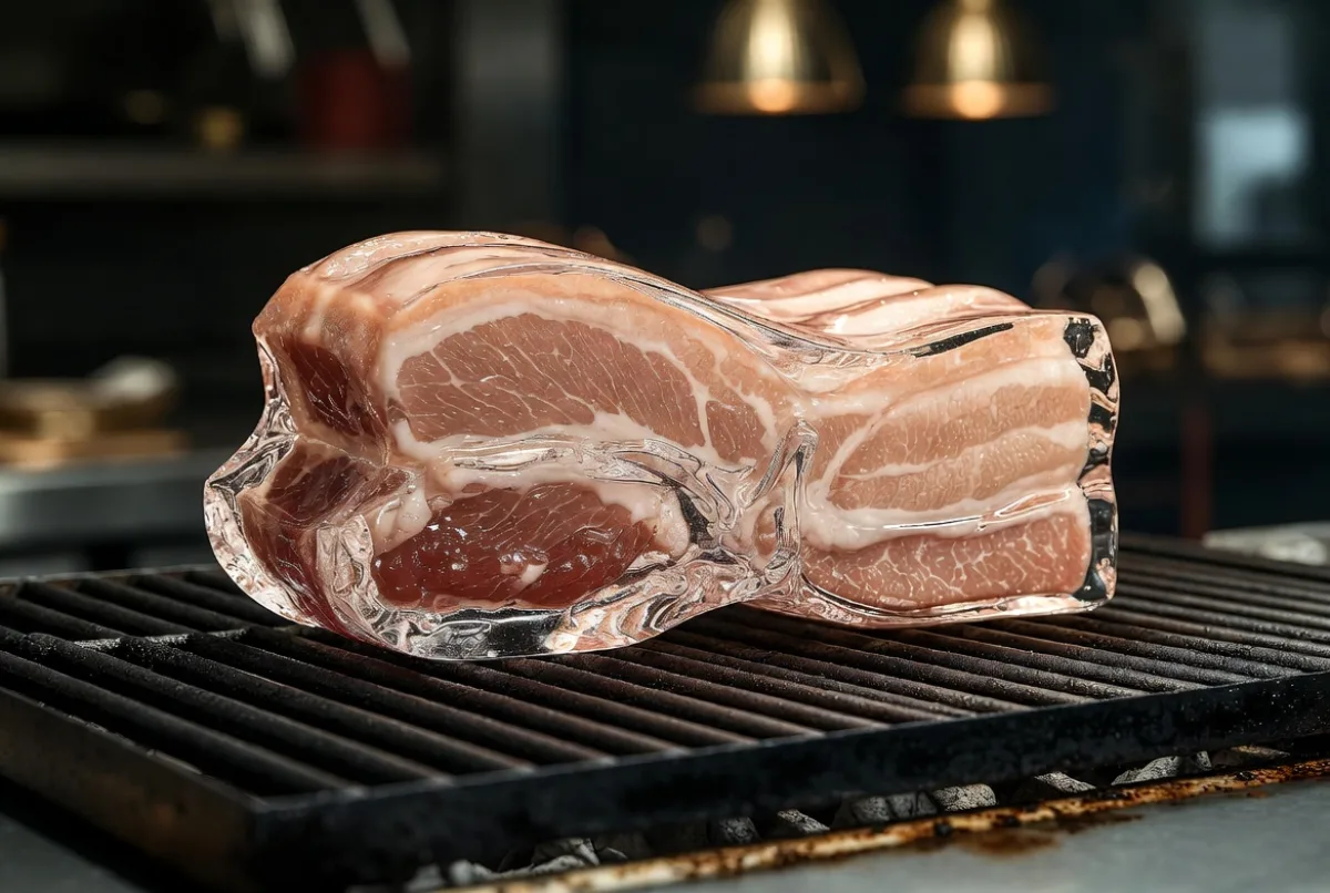 A Crafted Glass pork belly on grill hyperrealistic photo prompt
