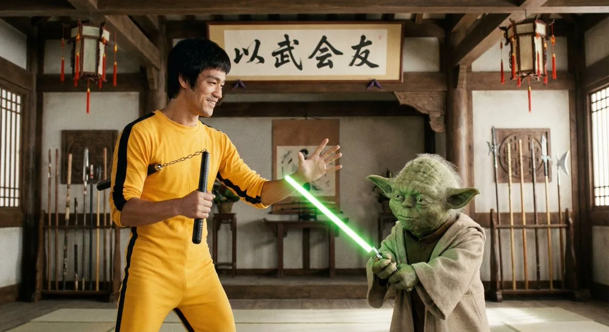 Bruce Lee sparring with Yoda in a dojo - Premium Style