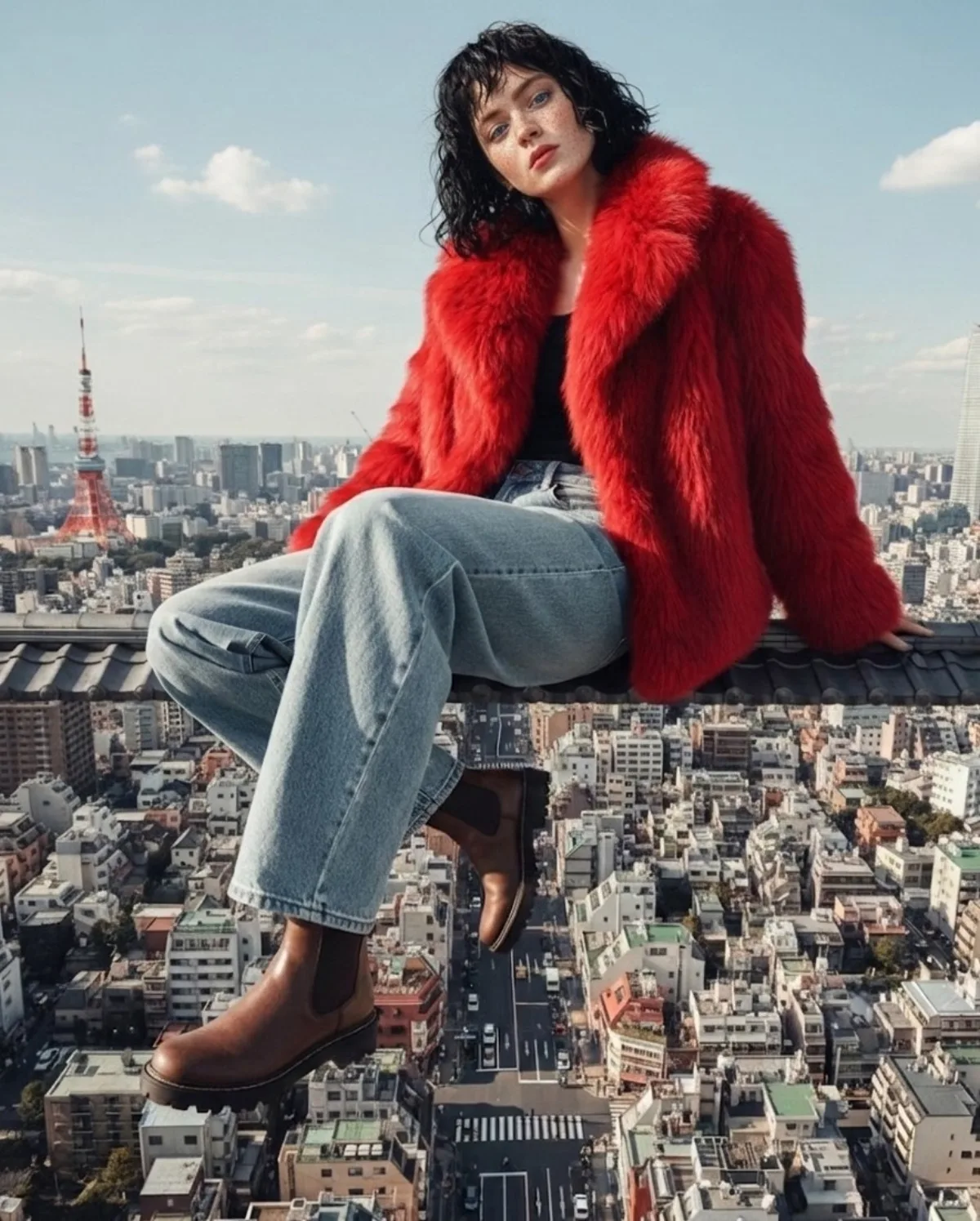 时尚女性俯瞰城市屋顶：工作室级诠释