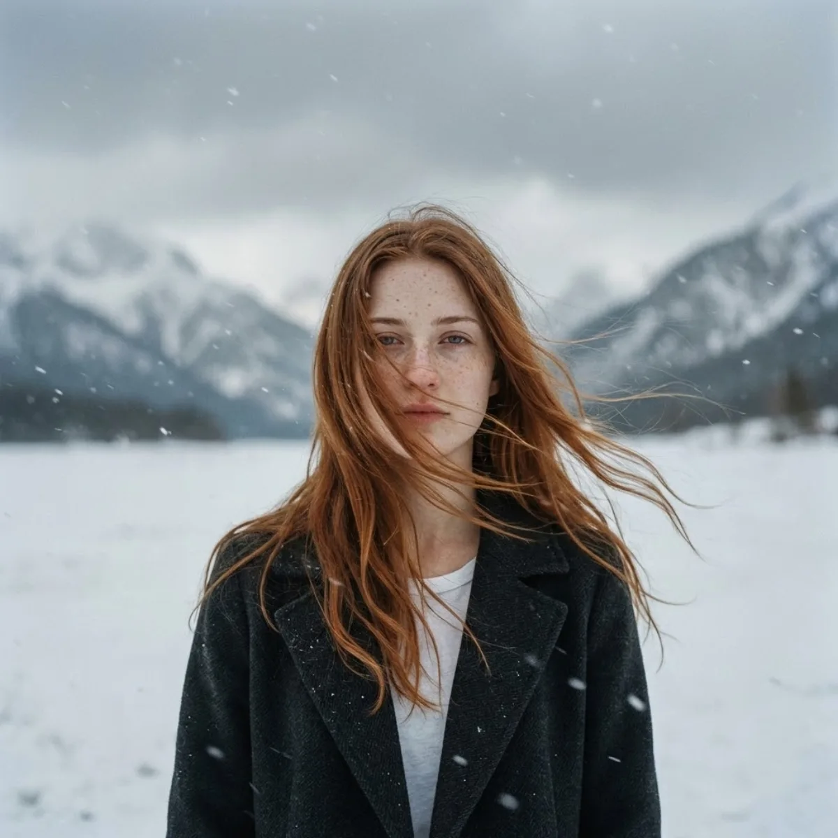 进阶视角下的雪山中的电影感人像