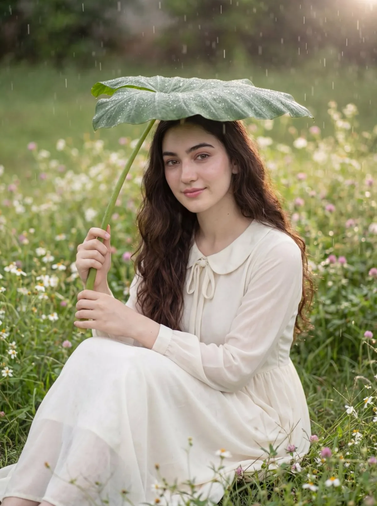 花园中撑芋叶伞的女子（匠心风格）