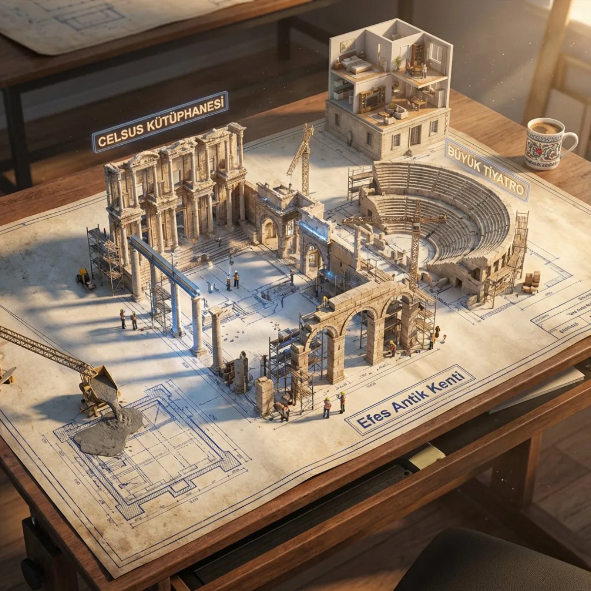 Galata Tower Construction 3D Blueprint Fusion Scene
