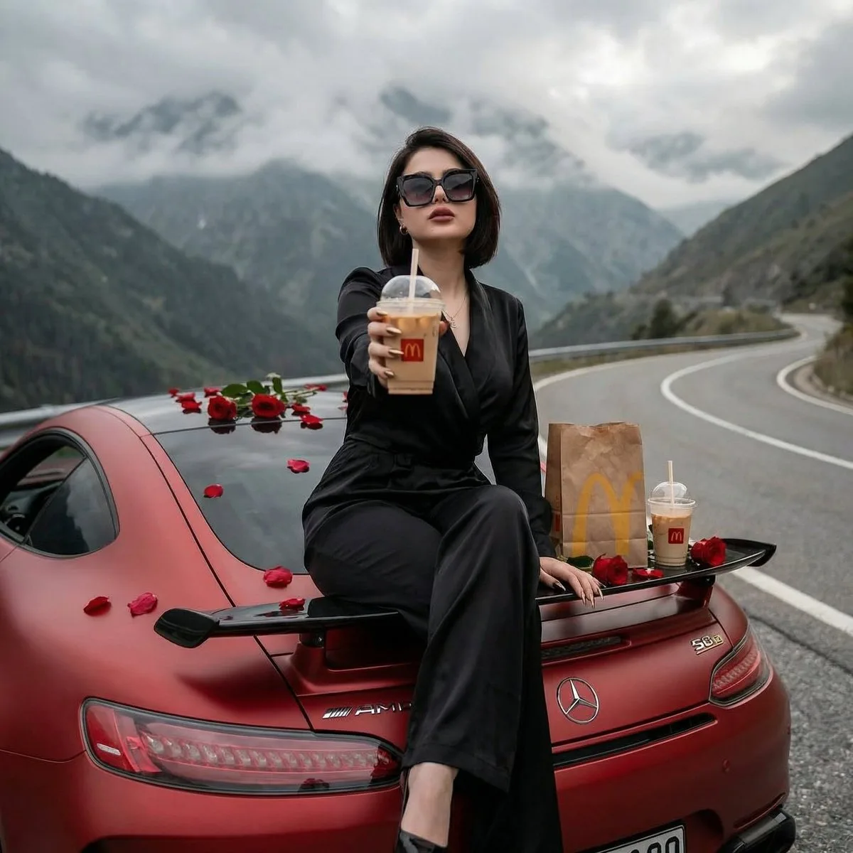 Woman on Sports Car with McDonald's and Roses - Modern Style