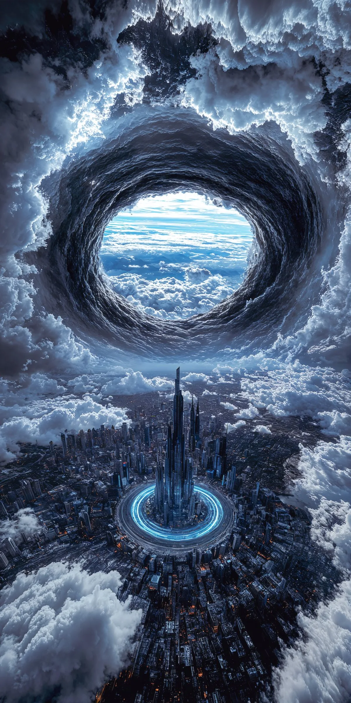 Studio-Grade Giant Vortex Above the City Breaking Through Storm Clouds