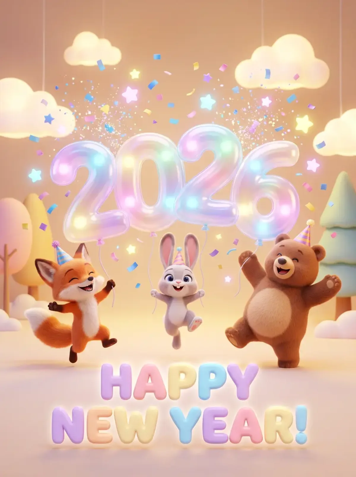 3D Animal Characters New Year Greeting Card - Refined Style