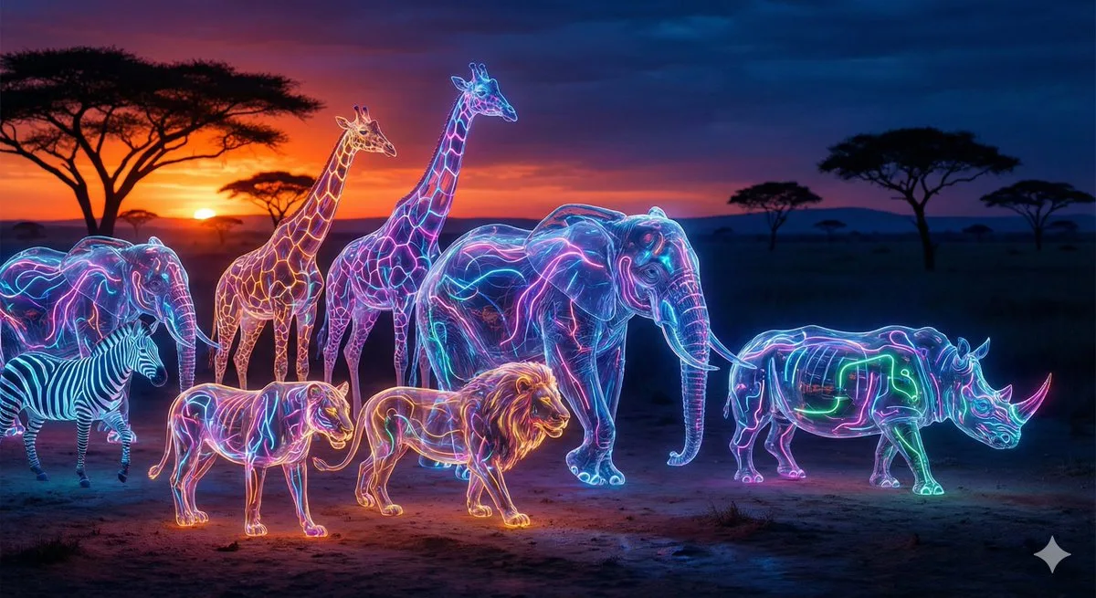 Curated Surreal Neon Glass Creatures in African Savannah