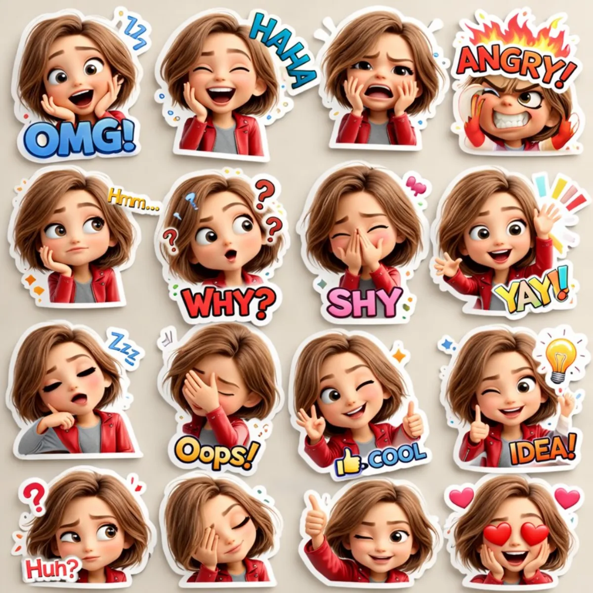 Cute 3D Cartoon Girl Sticker Pack with Emojis