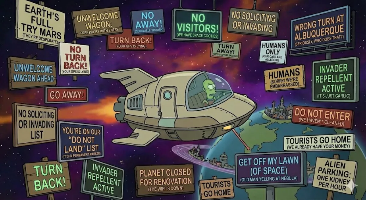Cartoon still of spaceship with many warning signs