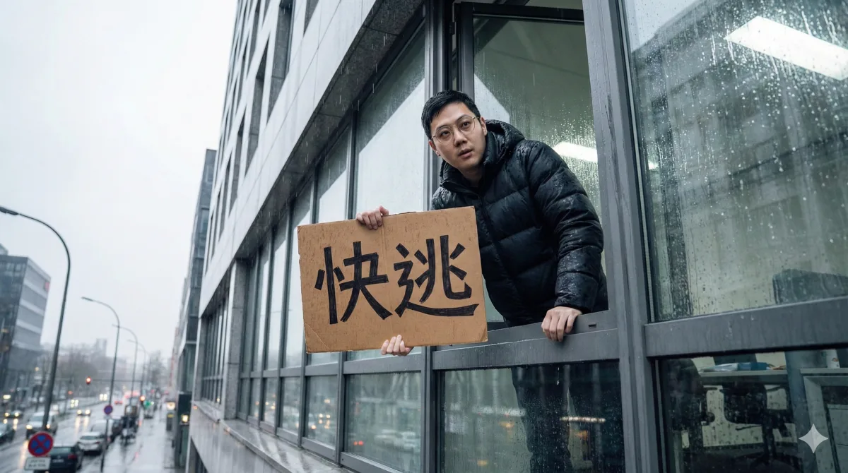 上传照片这个人穿著[羽絨外套]手舉紙板，从辦公大楼2楼窗戶探出半身，紙板上用黑色麥克筆寫著[快逃]大字，天气陰天飄著小雨，角度从一楼馬路由下往大楼特寫鏡头看過去