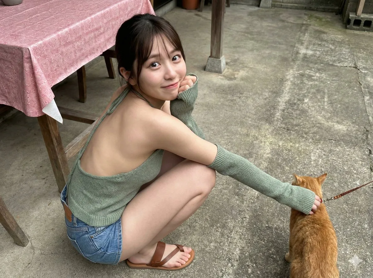 进阶视角下的年轻的亚洲女生蹲坐在水泥地的庭院中