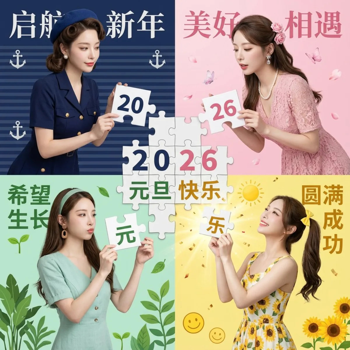 四角拼图完成2026祝福（编辑级风格）