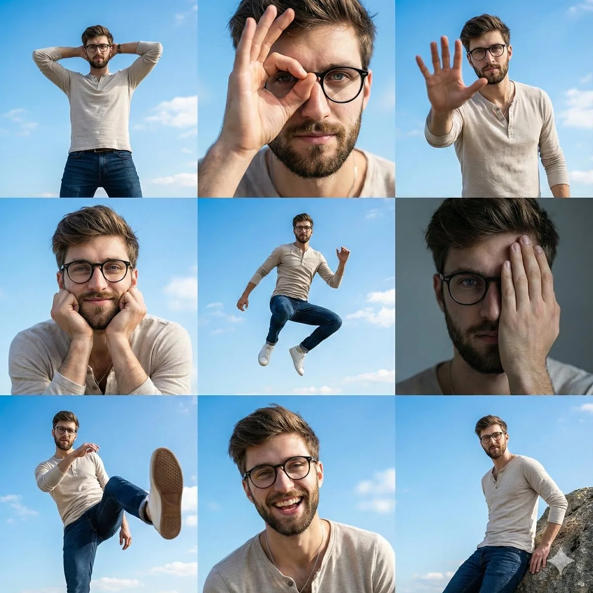 Hyperrealistic Collage of Nine Dynamic Male Poses: A Hero Take