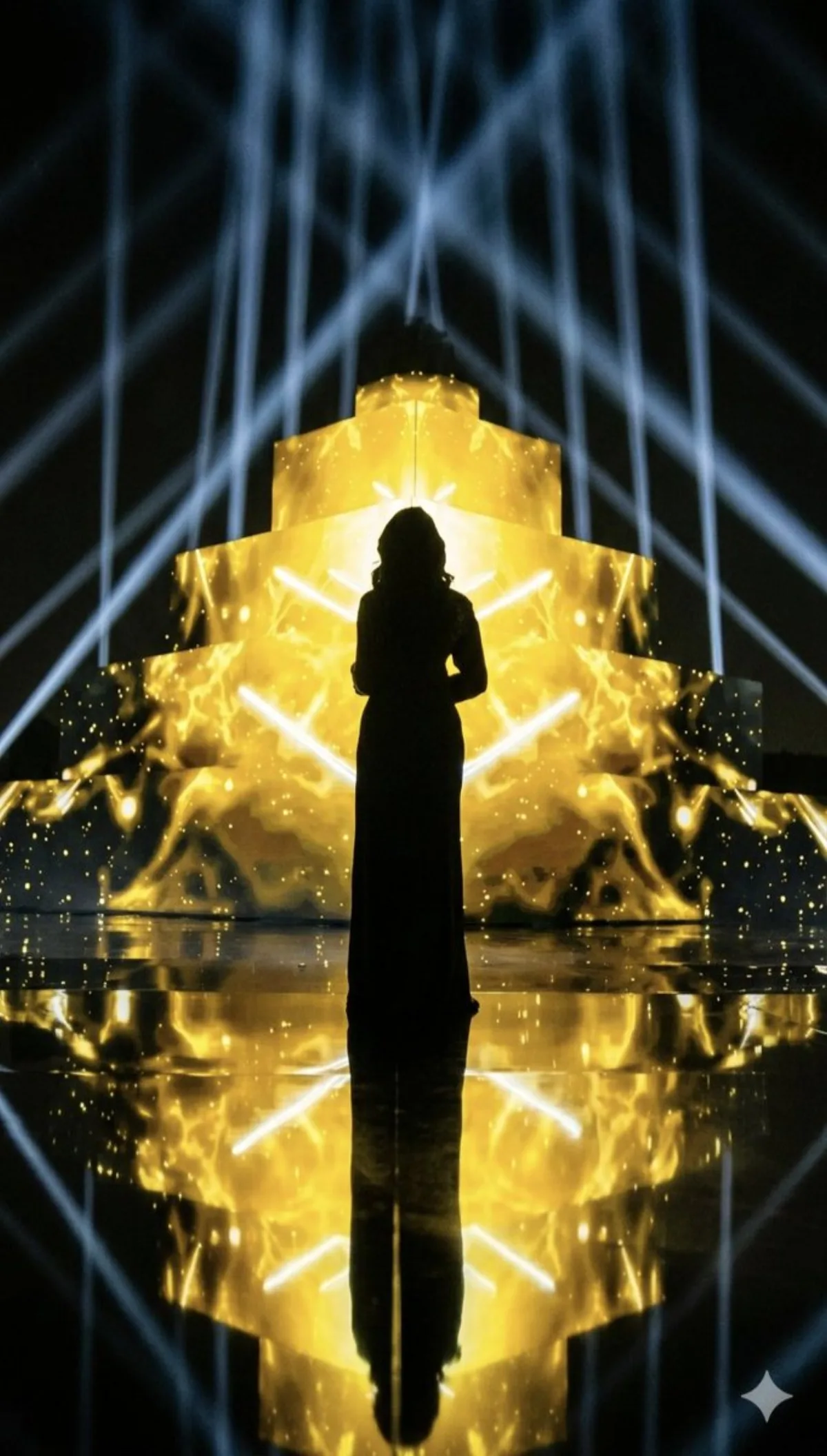 Dramatic Silhouette on Glowing Pyramid Stage