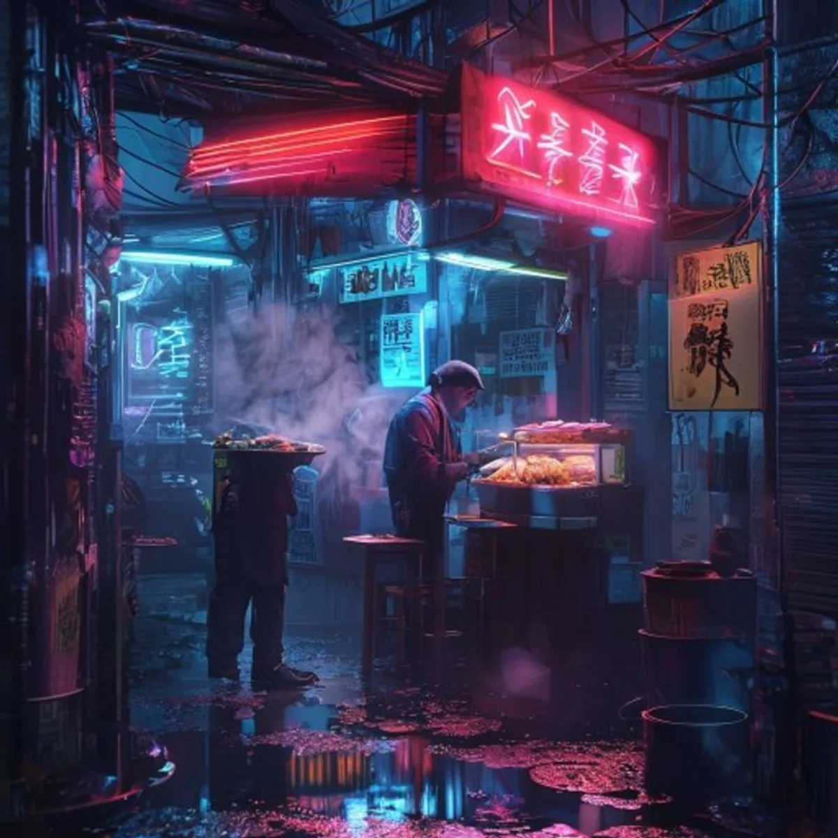 Cyberpunk Ramen Stall at Night