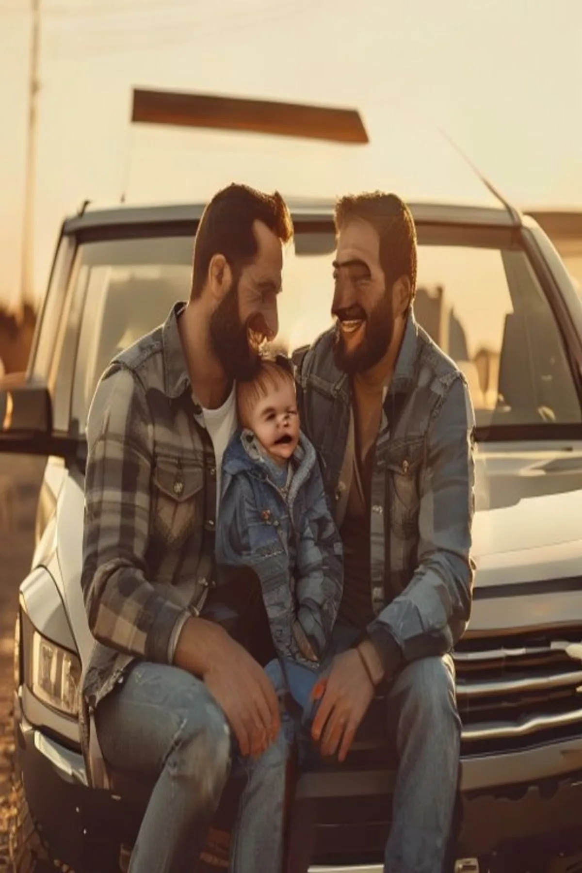 Man and Baby on SUV Hood