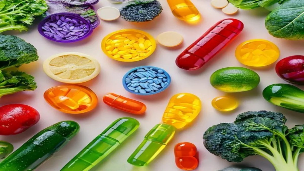Colorful Vitamin Pills vs Fresh Vegetables Flat Lay